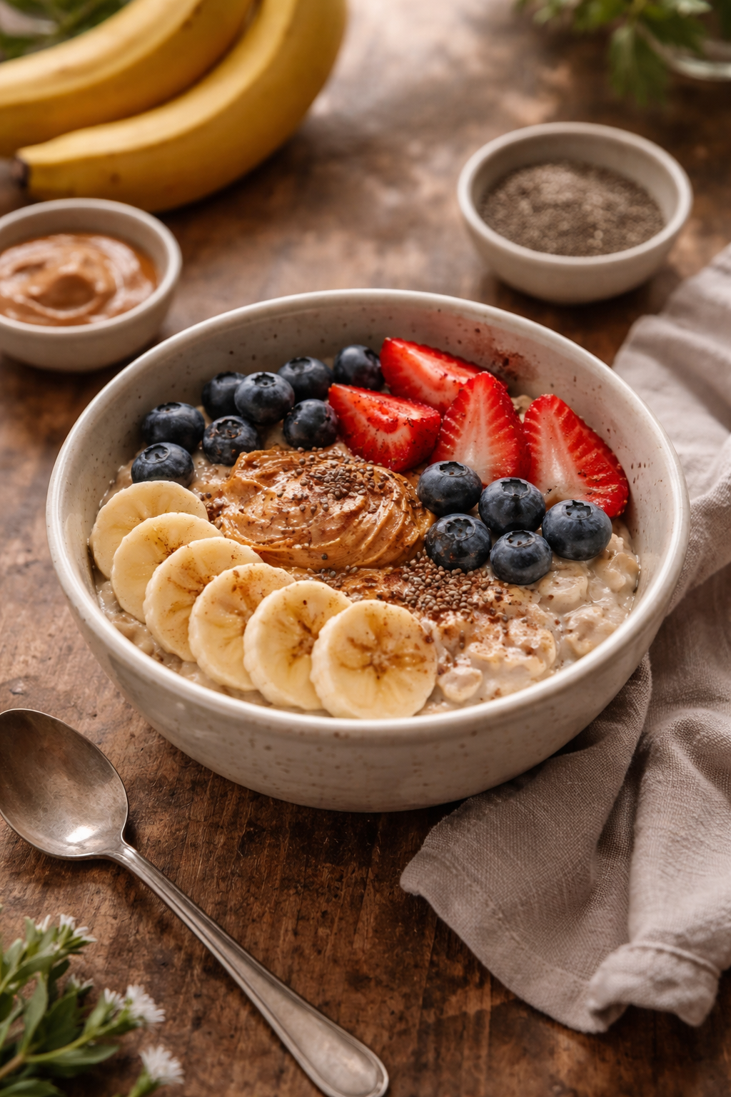 Gentle banana recovery bowl with oats, nut butter, chia seeds, and berries