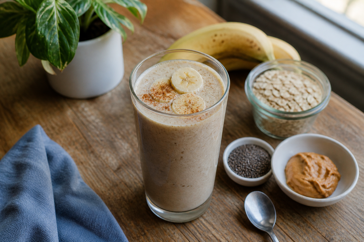 banana smoothie with oats chia seeds almond butter and plant milk on rustic wooden table