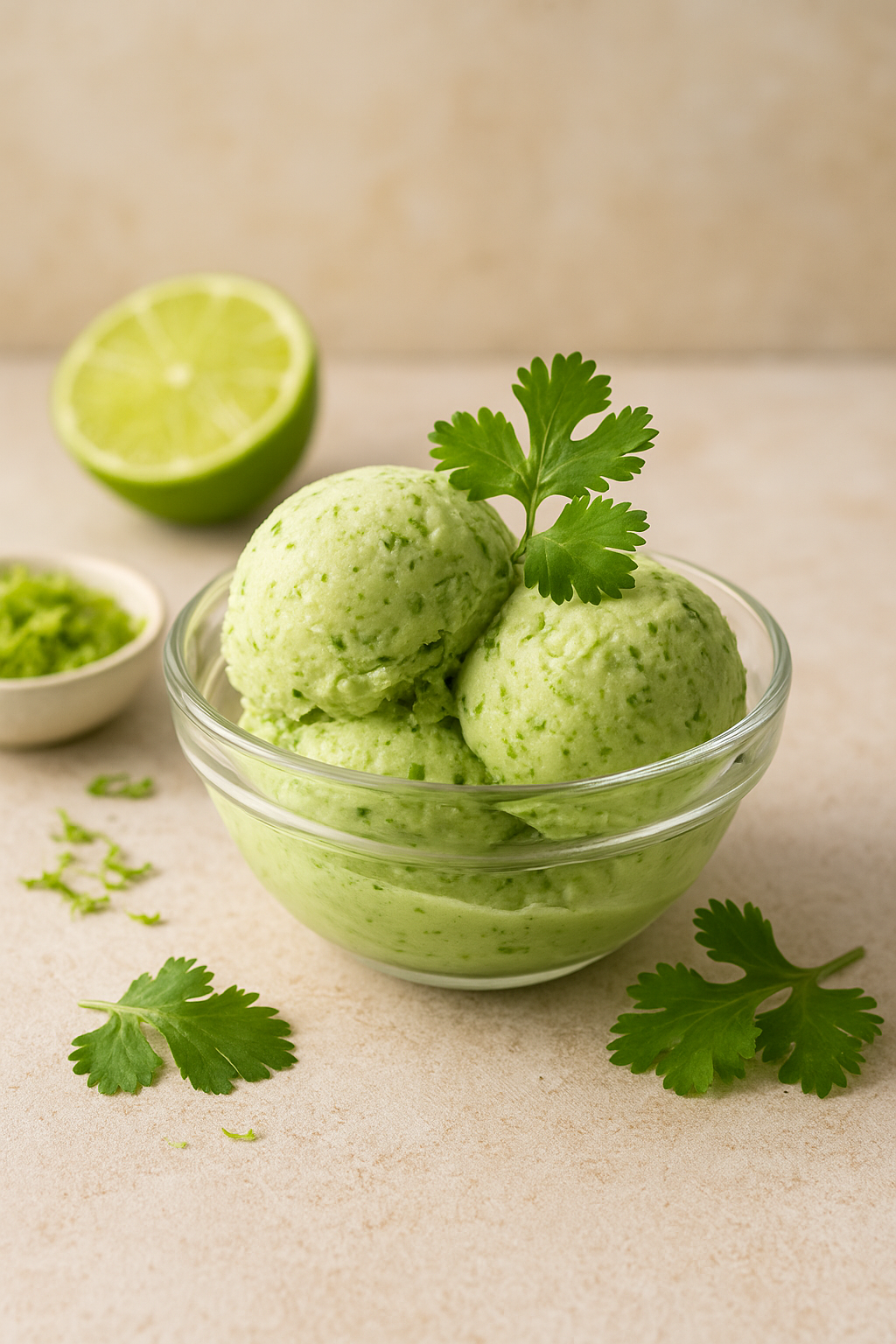 Creamy cilantro-lime ice cream in a glass bowl, topped with fresh cilantro leaves