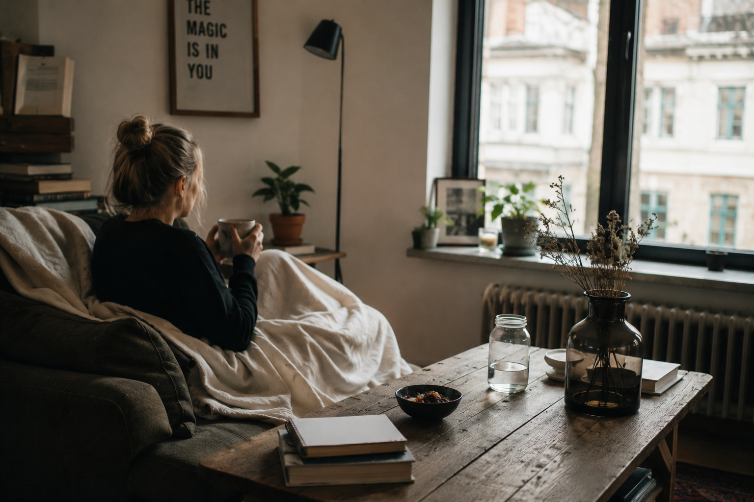 A woman sitting quietly on a sofa by a city window, holding a warm drink in a calm lived-in apartment