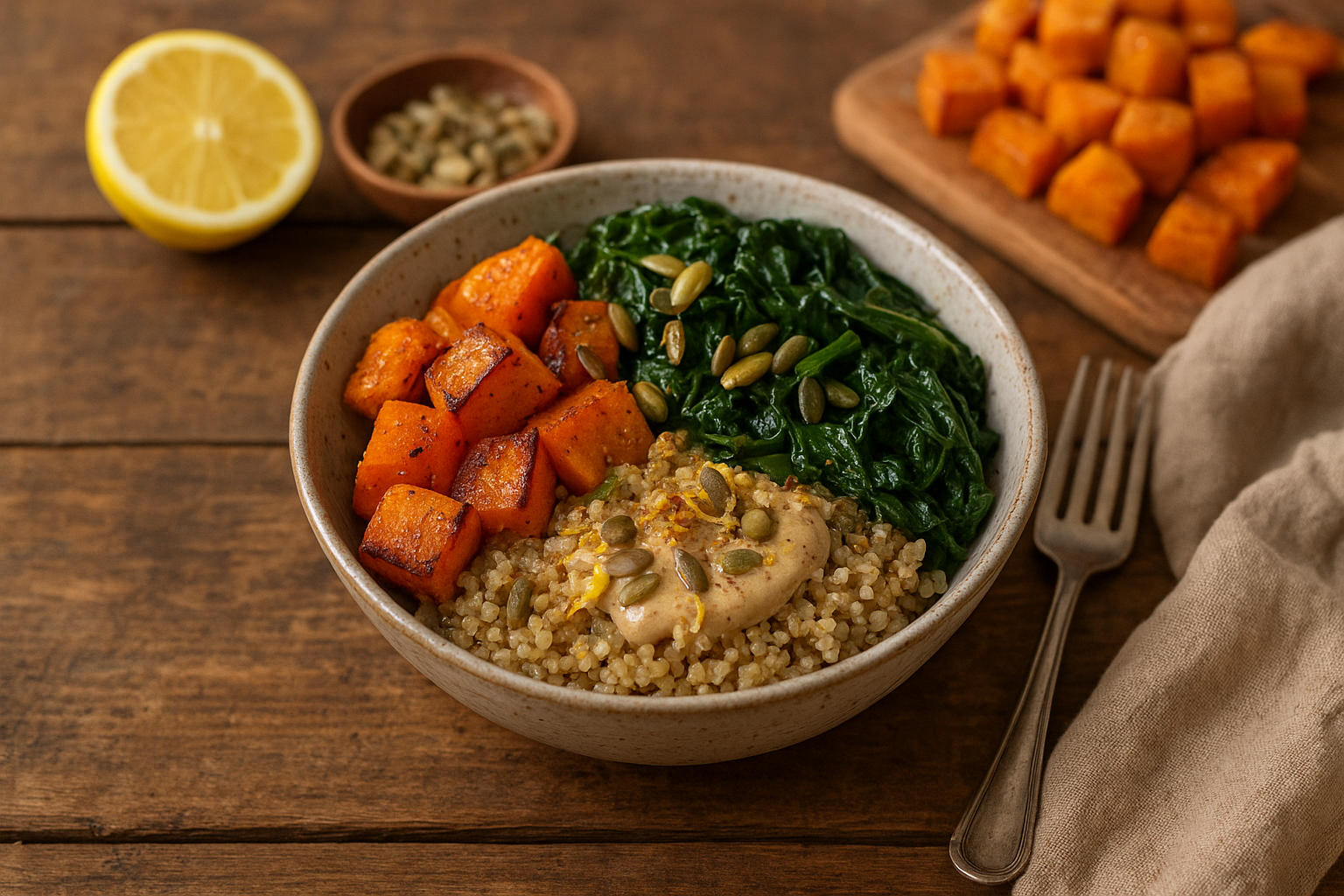 A cozy plant-based Seasonal Ritual Bowl with roasted pumpkin, quinoa, greens, seeds, and a touch of citrus