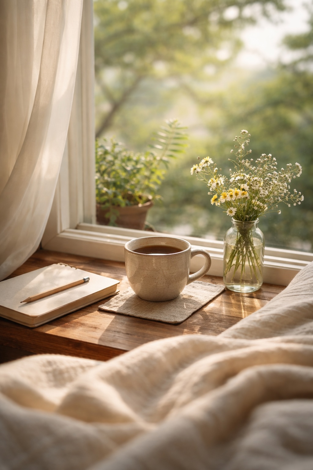 Soft spring morning light by an open window with flowers, tea, and a notebook, suggesting gentle seasonal shifts in sleep and appetite