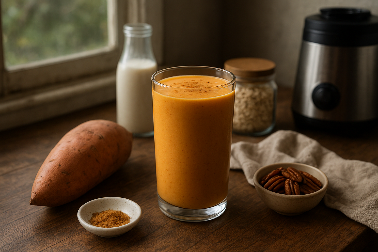Cozy plant-based sweet potato smoothie with warm spices