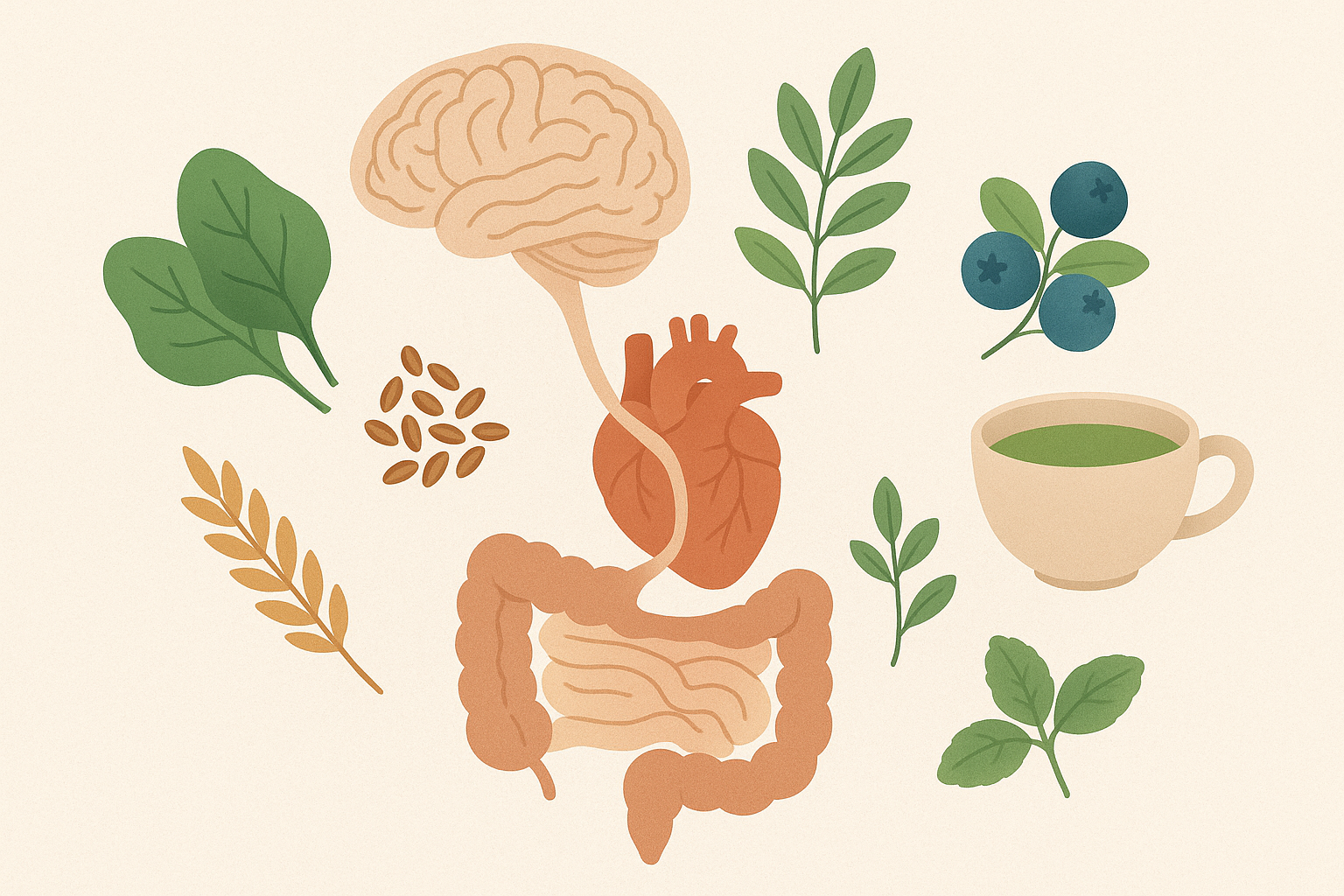 Illustration of the vagus nerve connecting brain, heart, and gut with plant-based foods around it