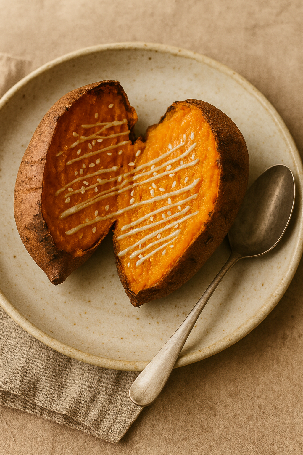 A cozy plant-based Warm Sweet Potato Bowl with roasted sweet potato, quinoa, greens, tahini, and toasted seeds